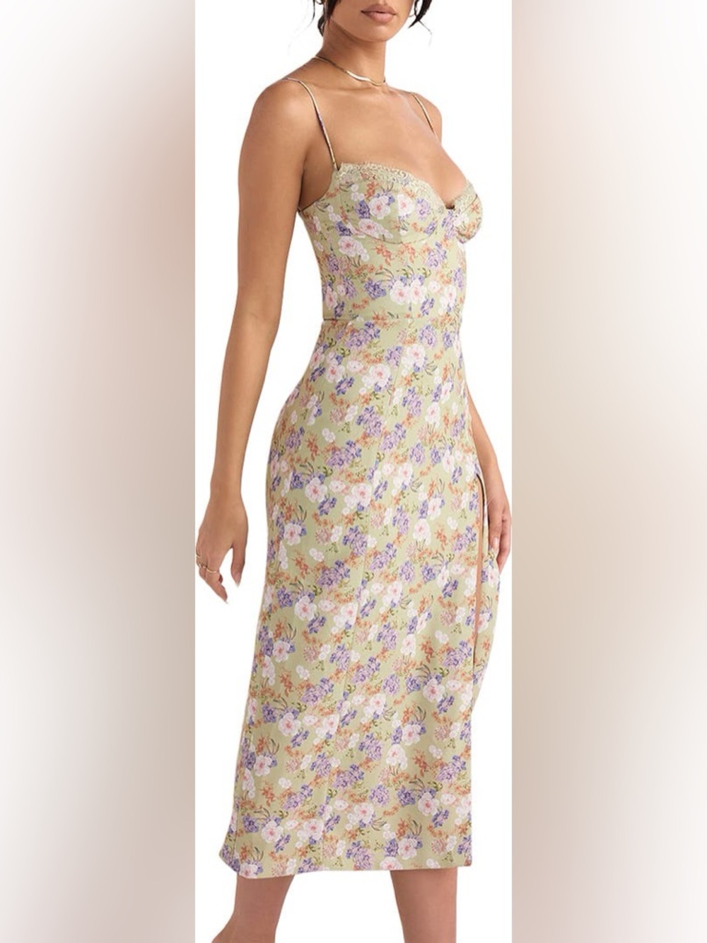 NWOT House of CB Corset Crepe Midi Sundress Peony Print Plus Cup Medium - Picture 3 of 16